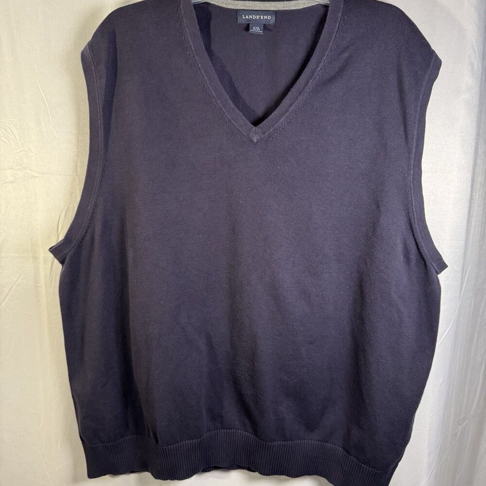 Lands’ End Men’s Sweater Vest XXL Navy Blue Cotton Knit V-Neck Pullover